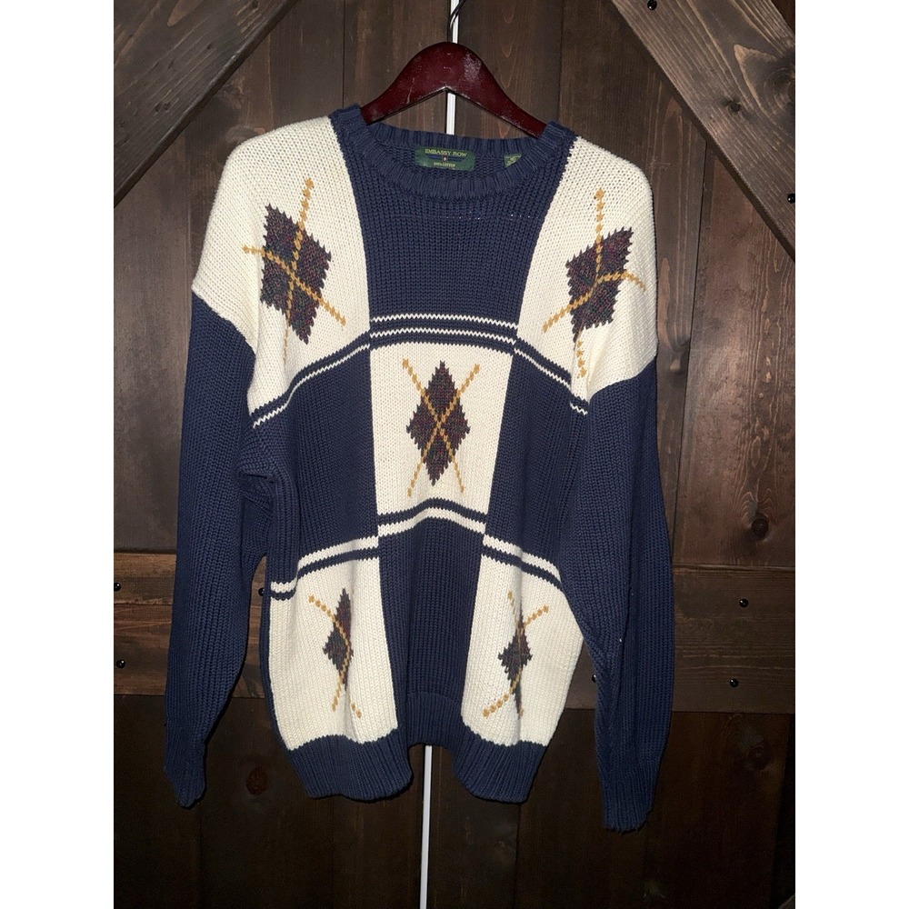 VTG Embassy Row Men's XL Hand Knit Cable SWEATER Long Sleeve Pullover Navy‎